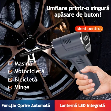 Compresor Auto Portabil Tip Pistol VENTLEX, Multifunctional, Folosit pentru Autoturisme, Motociclete, Biciclete, Mingi, Functie Oprire Automata La Valoarea Prestabilita, Afisaj Digital, Iluminare LED, Incarcare USB, Negru