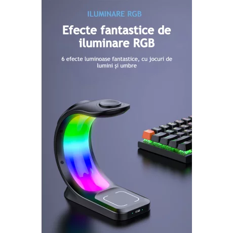 Incarcator Wireless 3 in 1 cu Lumini RGB VENTLEX, Tip statie de Incarcare Telefon, Ceas si casti, Fast Charge 15W, incarcare magnetica Magsafe, Compatibil cu iPhone, Android, Airpods, Apple Watch, Huawei, Xiaomi, Alb