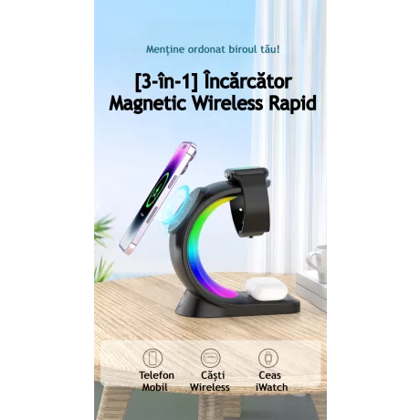 Incarcator Wireless 3 in 1 cu Lumini RGB VENTLEX, Tip statie de Incarcare Telefon, Ceas si casti, Fast Charge 15W, incarcare magnetica Magsafe, Compatibil cu iPhone, Android, Airpods, Apple Watch, Huawei, Xiaomi, Alb