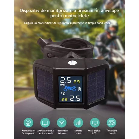 Sistem de monitorizare in timp real a presiunii din anvelope wireless pentru motociclete cu 2 senzori externi Ventlex®, TPMS, Afisare temperatura, Incarcare Solara, Display HD LCD 6.5, Waterproof, Fara fir, Negru