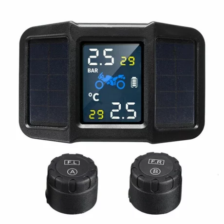 Sistem de monitorizare in timp real a presiunii din anvelope wireless pentru motociclete cu 2 senzori externi Ventlex®, TPMS, Afisare temperatura, Incarcare Solara, Display HD LCD 6.5, Waterproof, Fara fir, Negru