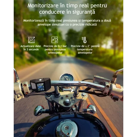 Sistem de monitorizare in timp real a presiunii din anvelope wireless pentru motociclete cu 2 senzori externi Ventlex®, TPMS, Afisare temperatura, Incarcare Solara, Display HD LCD 6.5, Waterproof, Fara fir, Negru