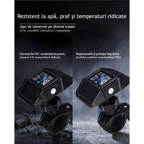 Sistem de monitorizare in timp real a presiunii din anvelope wireless pentru motociclete cu 2 senzori externi Ventlex®, TPMS, Afisare temperatura, Incarcare Solara, Display HD LCD 6.5, Waterproof, Fara fir, Negru