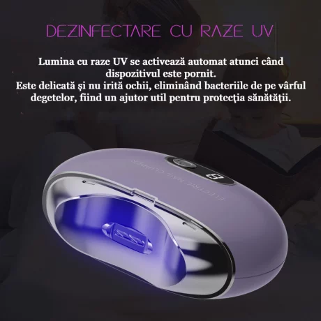 Unghiera electrica profesionala VENTLEX, Dezinfectare cu raze UV, Portabila, Manichiura, USB-C, 3 trepte de viteza, indicator de viteza, Sigur, Zgomot redus, ideal pentru copii si adulti cu unghii normale, Violet