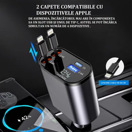 Incarcator Auto Rapid Retractabil 4 in 1 VENTLEX, Afisaj Digital Tensiune, Design Cu Doua Cabluri Retractabile Apple, Si Doua Porturi Iesire USB si USB-C, Gri-Negru