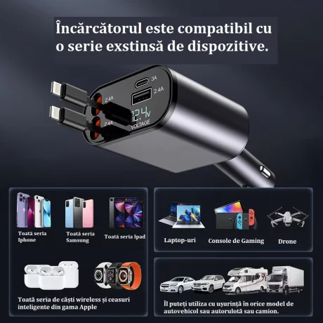 Incarcator Auto Rapid Retractabil 4 in 1 VENTLEX, Afisaj Digital Tensiune, Design Cu Doua Cabluri Retractabile Apple, Si Doua Porturi Iesire USB si USB-C, Gri-Negru