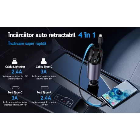 Incarcator Auto Rapid Retractabil 4 in 1 VENTLEX, Afisaj Digital Tensiune, Design Cu Doua Cabluri Retractabile Type C si Apple, Si Doua Porturi Iesire USB si USB-C, Gri-Negru