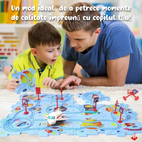 Puzzle Multifunctional Educational Pentru Copii, VENTLEX, Model Pista Avion, 25 bucati, +3, Albastru