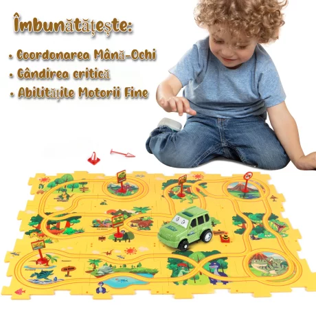 Puzzle Multifunctional Educational Pentru Copii, VENTLEX, Model Pista Masinuta Verde, 25 bucati, +3, Galben