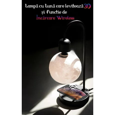 Lampa de Veghe, Luna care Leviteaza si Incarcator Wireless VENTLEX, Control tactil ON/OFF, Sursa de Lumina LED Magnetica, Negru