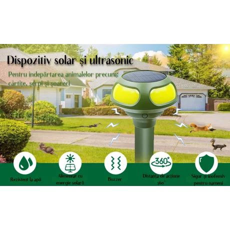 Aparat cu Ultrasunete / Vibratii Anti cartite, soareci de pamant, soareci de camp, serpi, popandai si alti daunatori de pamant, Incarcare solara, Acoperire 360°,  Impermeabil IP66, Verde