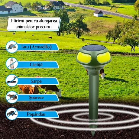 Aparat cu Ultrasunete / Vibratii Anti cartite, soareci de pamant, soareci de camp, serpi, popandai si alti daunatori de pamant, Incarcare solara, Acoperire 360°,  Impermeabil IP66, Verde