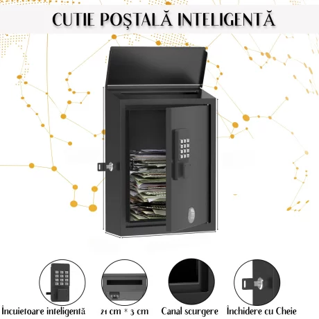 Cutie Postala Metalica Smart VENTLEX de exterior / interior, 4 moduri de deblocare, Cheie, OTP, Apicatie, Wi-Fi, 370x260x100mm, Negru