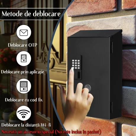 Cutie Postala Metalica Smart VENTLEX de exterior / interior, 4 moduri de deblocare, Cheie, OTP, Apicatie, Wi-Fi, 370x260x100mm, Negru