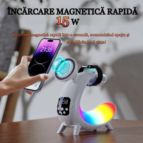 Incarcator Wireless, Statie incarcare 6 in 1 Qi Fast Charge 15W, Cu boxa incorpoarata, Afisaj ceas digital, Iluminare Ambientala RGB, Magsafe, Pentru iPhone, Samsung, Airpods, Apple Watch, Huawei, Xiaomi, Bluetoooth, Alb