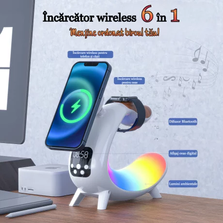 Incarcator Wireless, Statie incarcare 6 in 1 Qi Fast Charge 15W, Cu boxa incorpoarata, Afisaj ceas digital, Iluminare Ambientala RGB, Magsafe, Pentru iPhone, Samsung, Airpods, Apple Watch, Huawei, Xiaomi, Bluetoooth, Alb